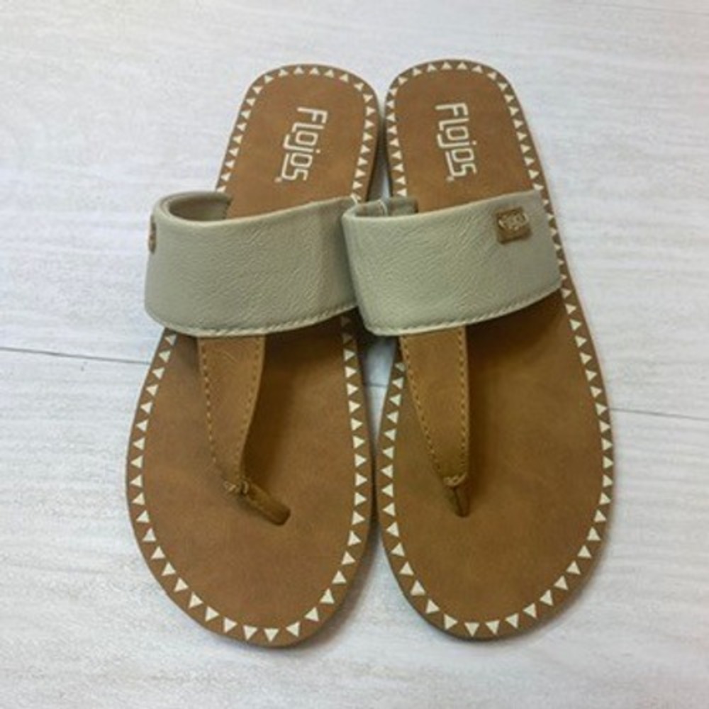 Flojos Womens 9 Thong Sandals Flat Flip Flop Tan Cream Faux Leather Boho Casual